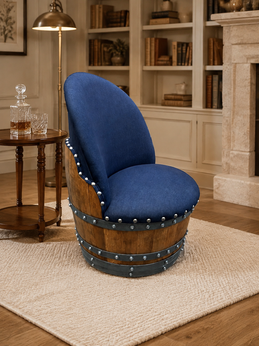 Whiskey & Wine Barrel Armchair with Hidden Safe — Memory Foam, Dark Navy Blue Upholstery