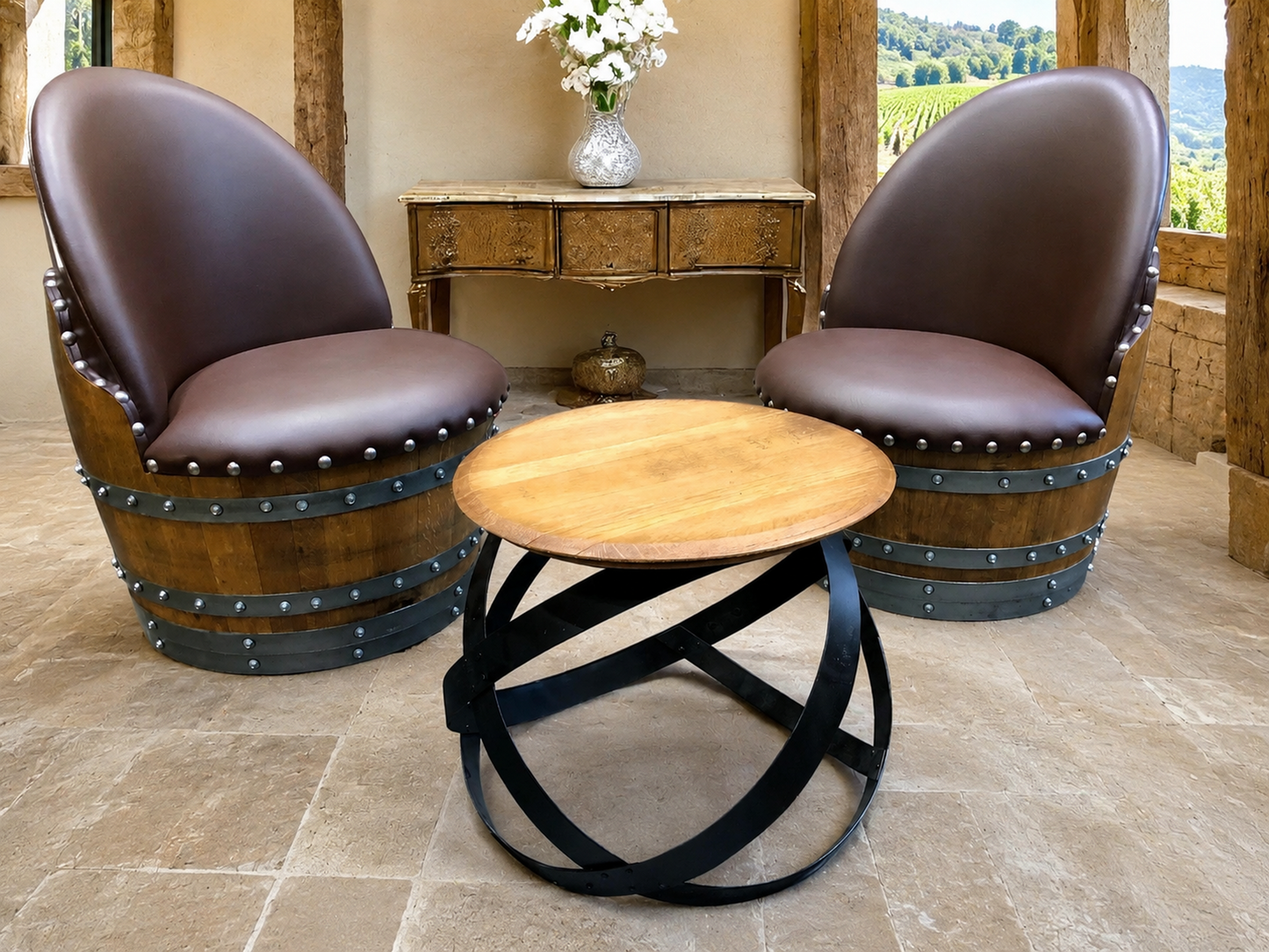 Whiskey & Wine Barrel Hoop Table Set — 2 Chairs, Black Edition