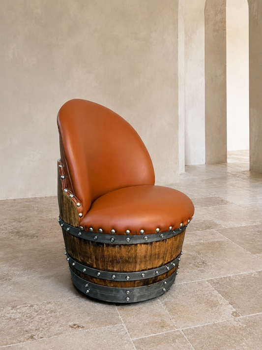 Whiskey & Wine Barrel Lounge Chair — Hidden Storage, Memory Foam, Rustic Brown Upholstery