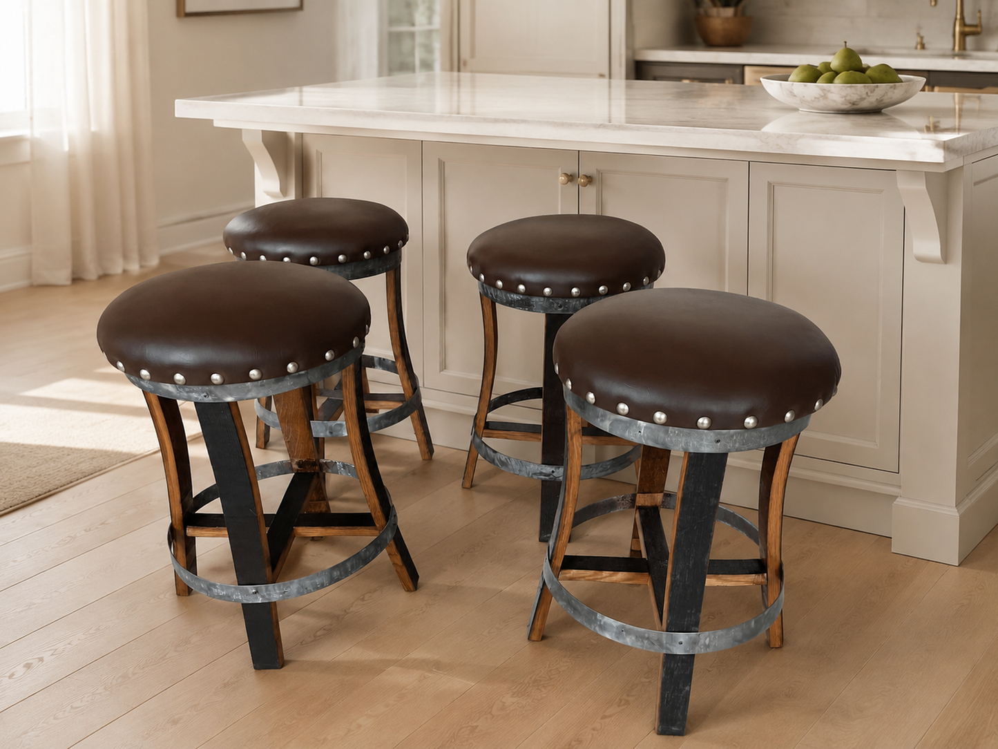 Whiskey & Wine Barrel Stool — Memory Foam, Brown Upholstery