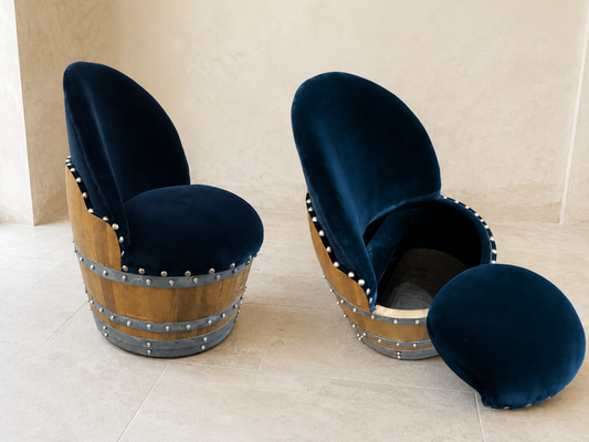 Whiskey & Wine Barrel Reading Chair — Hidden Storage, Blue Velvet Upholstery
