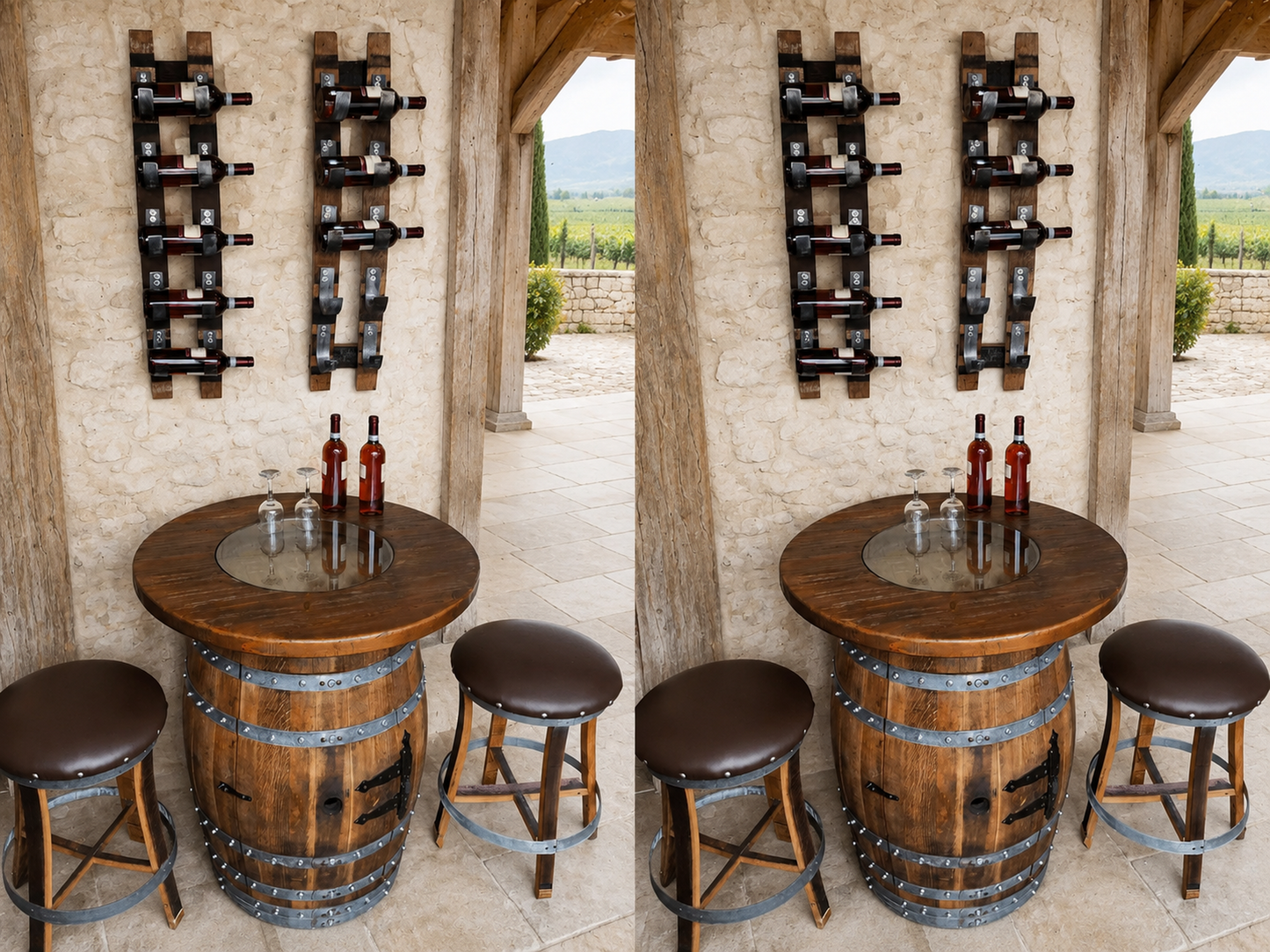 Whiskey & Wine Barrel Home Bar Set #1 — Bar Cabinet, Pub Table & Stools