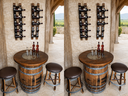 Whiskey & Wine Barrel Home Bar Set #1 — Bar Cabinet, Pub Table & Stools