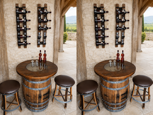 Whiskey & Wine Barrel Home Bar Set #1 — Bar Cabinet, Pub Table & Stools