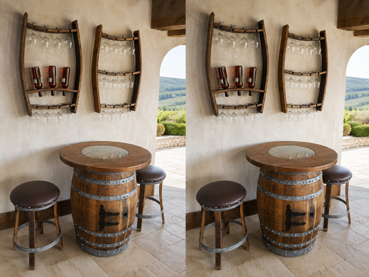 Whiskey & Wine Barrel Home Bar Set #2 — Bar Cabinet, Pub Table & Stools
