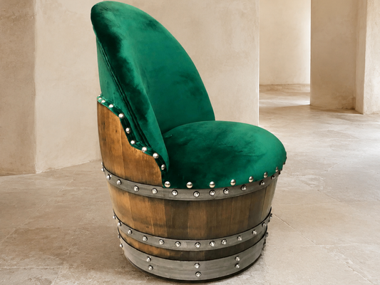 Whiskey & Wine Barrel Reading Chair — Hidden Storage, Green Velvet Upholstery