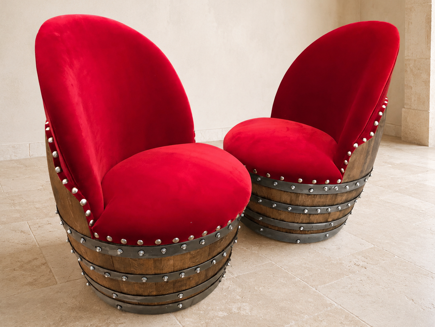 Whiskey & Wine Barrel Reading Chair — Hidden Storage, Red Velvet Upholstery