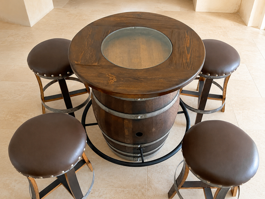 Whiskey & Wine Barrel Round Top with Glass Center — Wire-Brushed Oak, Fits 53–59 Gal (October Pre-Order)