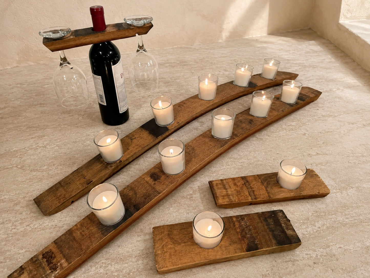 Whiskey & Wine Barrel Romantic Gift Pack — Two 5-Candle Stave Centerpieces