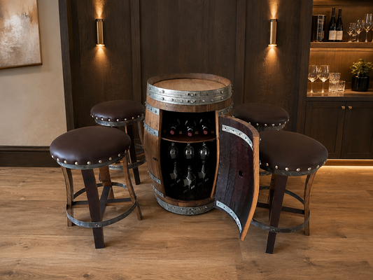 Whiskey & Wine Barrel Bar Set — Cabinet Storage, Bar Stools, No Top