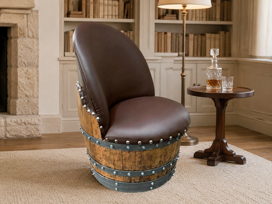 Whiskey & Wine Barrel Armchair with Hidden Safe — Memory Foam, Brown Upholstery