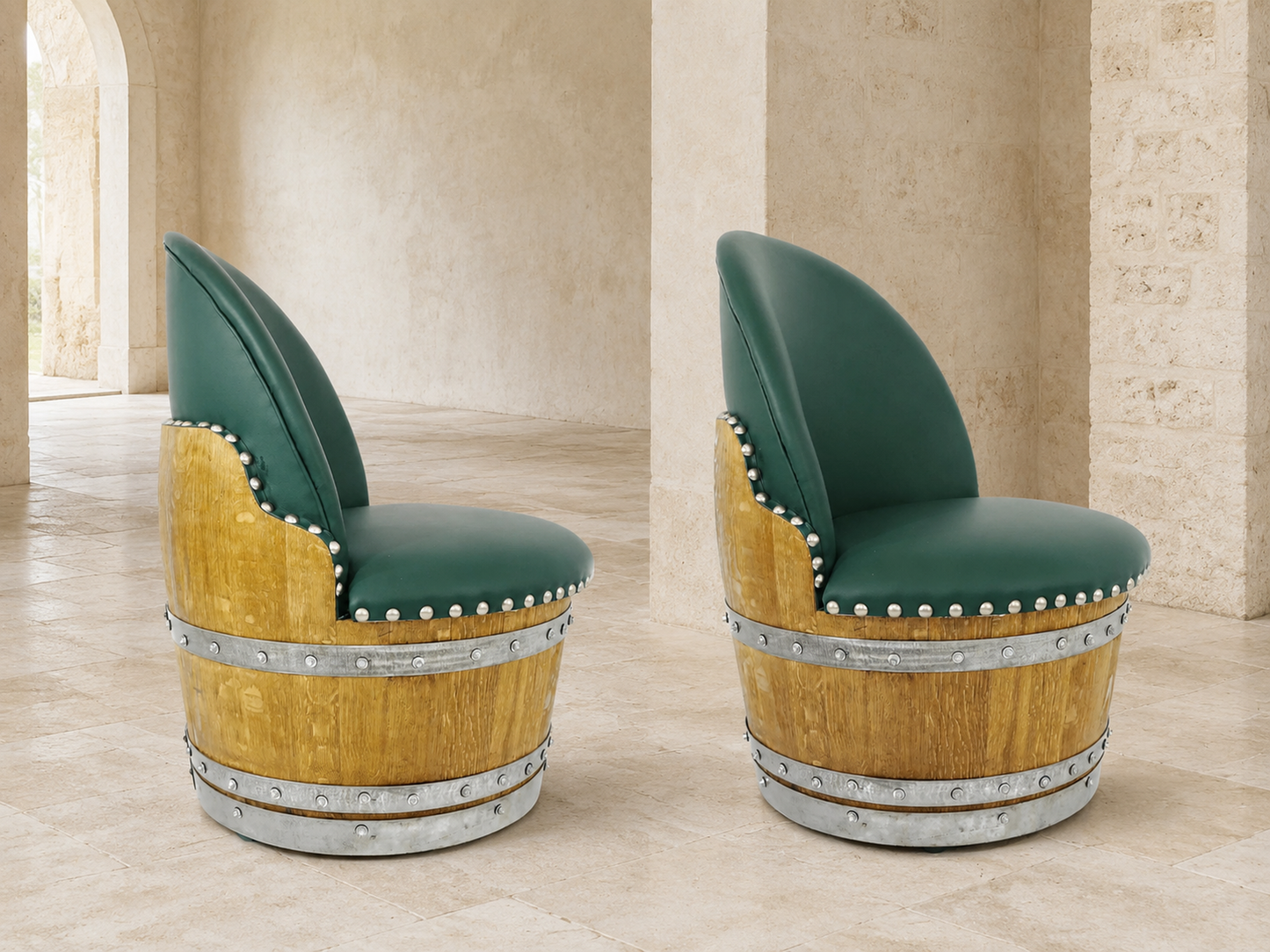 Whiskey & Wine Barrel Lounge Chair — Hidden Storage, Memory Foam, Green Upholstery