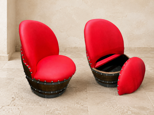 Whiskey & Wine Barrel Lounge Chair — Hidden Storage, Memory Foam, Red Upholstery (Limited)