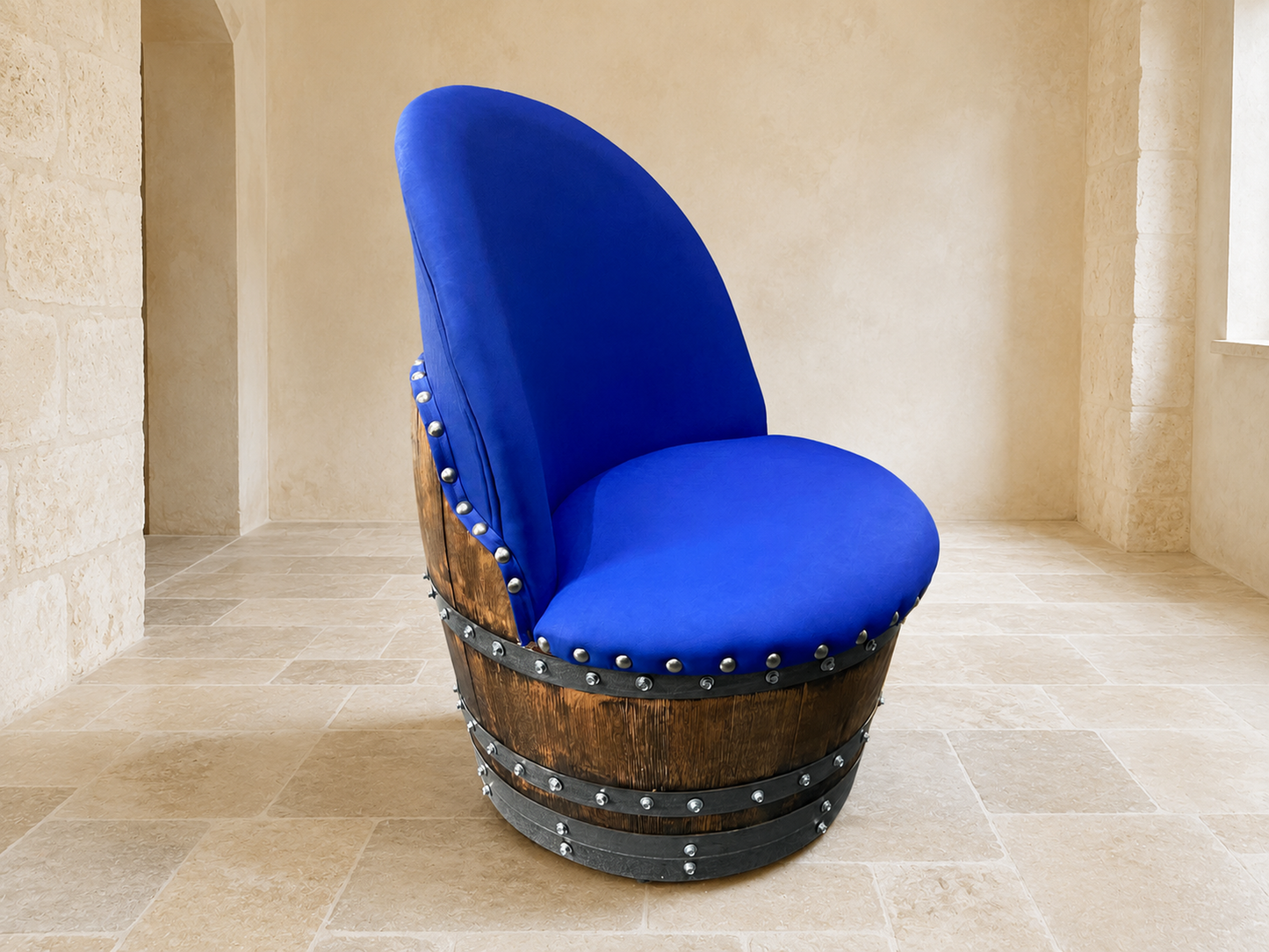 Whiskey & Wine Barrel Lounge Chair — Hidden Storage, Memory Foam, Sea Blue Upholstery (Limited)