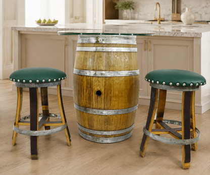 Whiskey & Wine Barrel Stools — Set of 2, Memory Foam, Green Upholstery