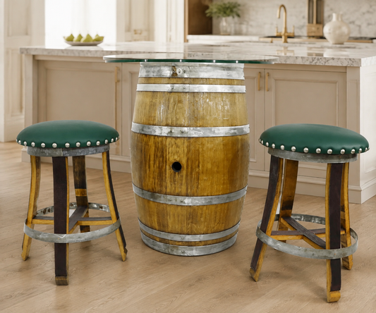 Whiskey & Wine Barrel Stools — Set of 2, Memory Foam, Green Upholstery