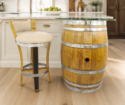 Whiskey & Wine Barrel Stools — Set of 2, Memory Foam, Off-White Upholstery
