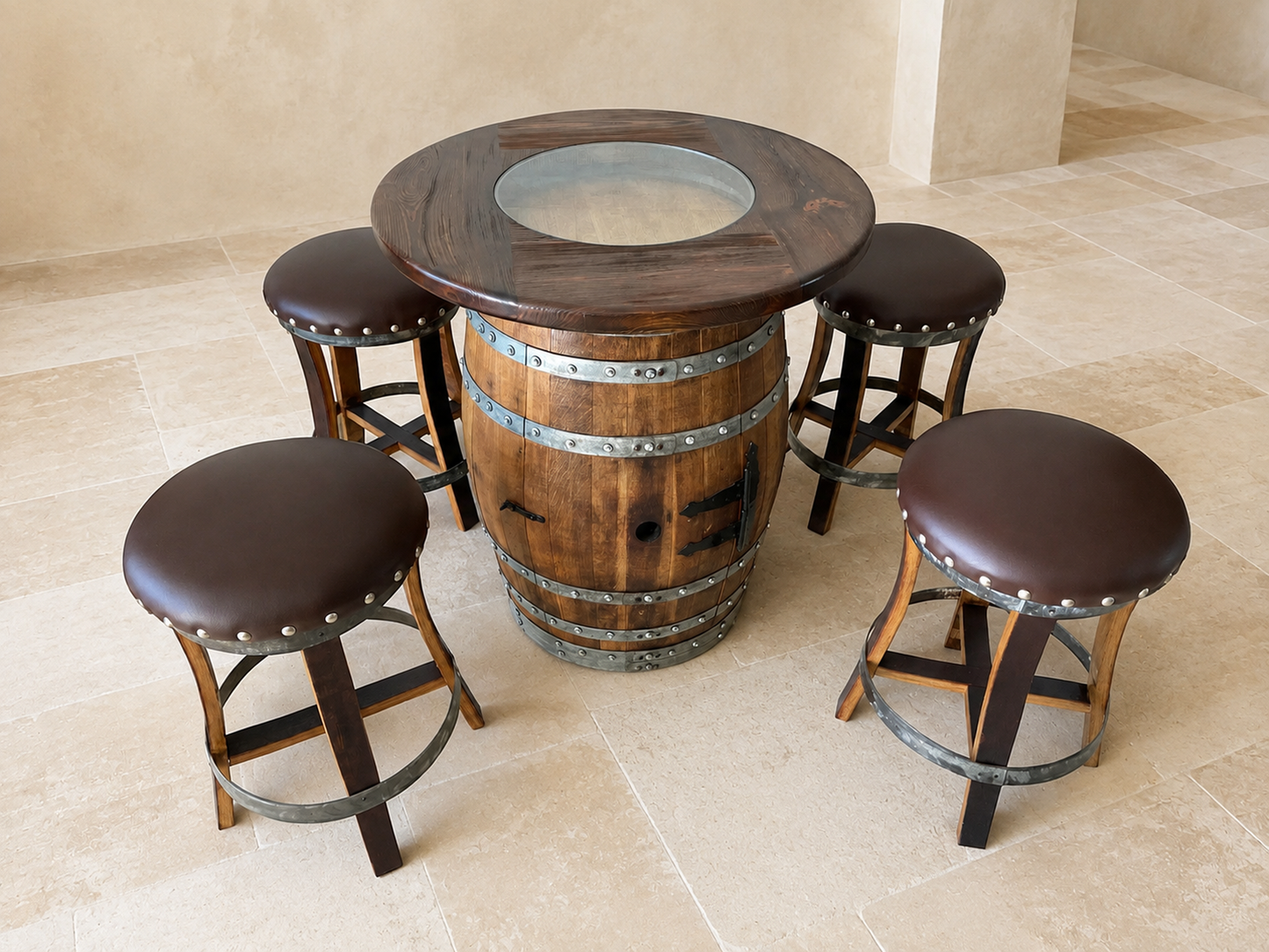 Whiskey & Wine Barrel Round Top with Glass Center — Wire-Brushed Oak, Fits 53–59 Gal (October Pre-Order)