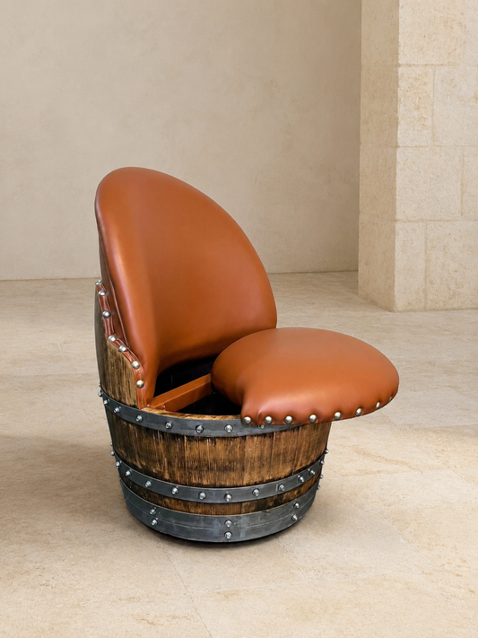 Whiskey & Wine Barrel Lounge Chair — Hidden Storage, Memory Foam, Rustic Brown Upholstery