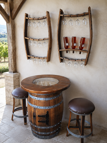 Whiskey & Wine Barrel Home Bar Set #2 — Bar Cabinet, Pub Table & Stools