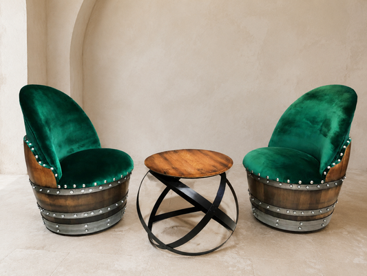 Whiskey & Wine Barrel Reading Chair — Hidden Storage, Green Velvet Upholstery