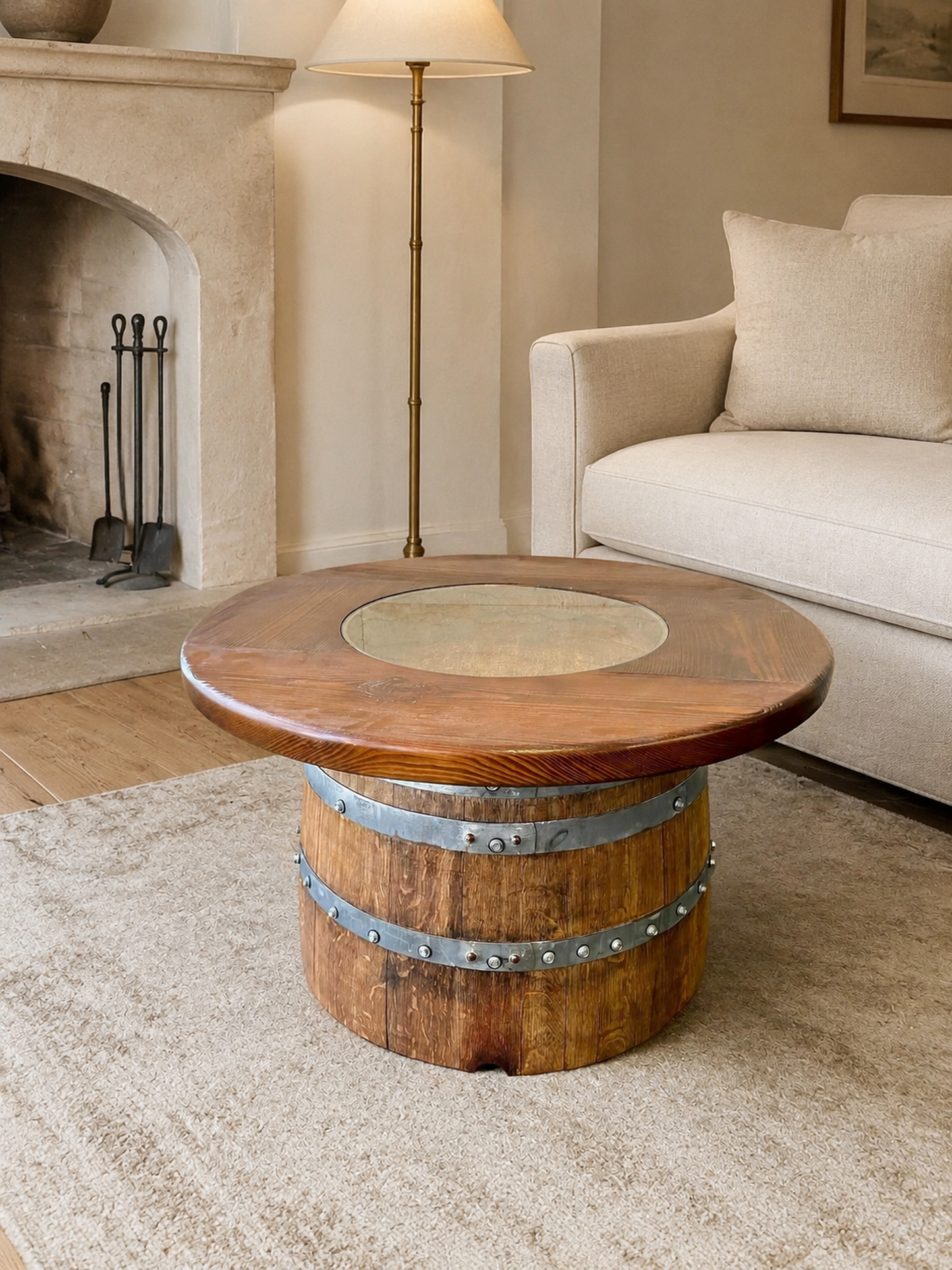 Whiskey & Wine Barrel Coffee Table — Half-Barrel Glass Top, Hidden Storage