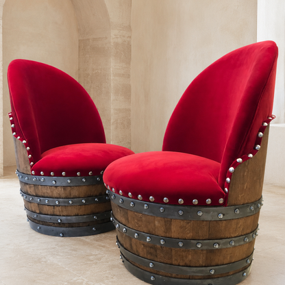 Whiskey & Wine Barrel Reading Chair — Hidden Storage, Red Velvet Upholstery