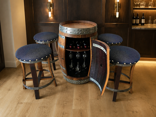 Whiskey & Wine Barrel Bar Set — Cabinet Storage, Bar Stools, No Top