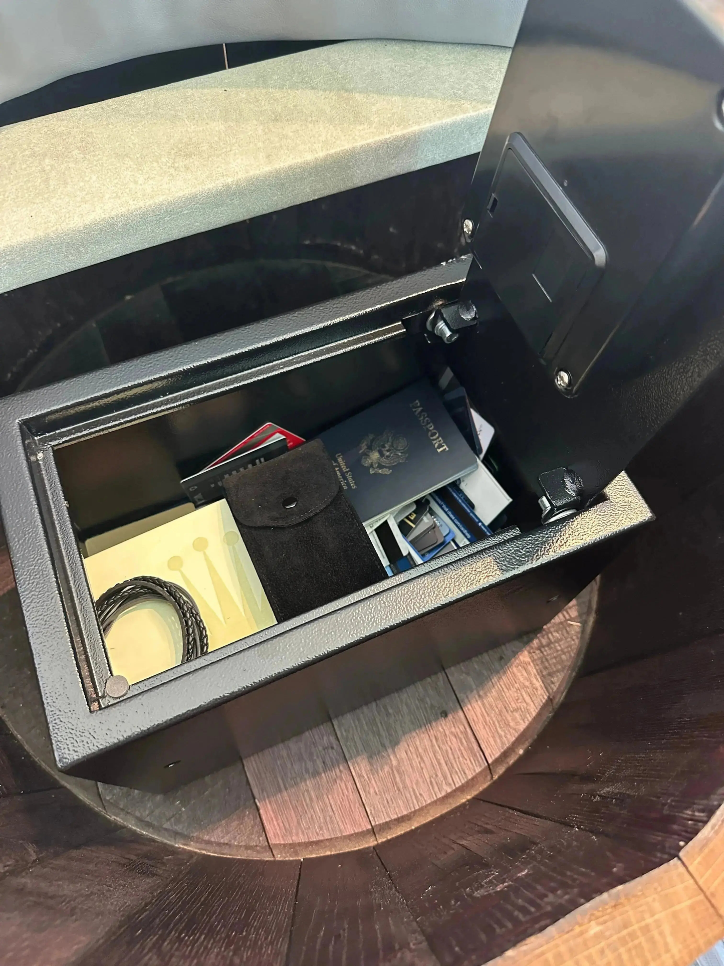 Whiskey & Wine Barrel Armchair with Hidden Safe — Memory Foam, Burgundy Berry Upholstery