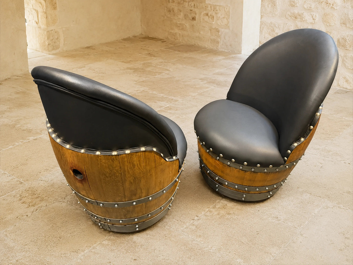 Whiskey & Wine Barrel Lounge Chair — Hidden Storage, Memory Foam, Black Upholstery