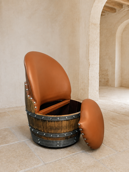 Whiskey & Wine Barrel Lounge Chair — Hidden Storage, Memory Foam, Rustic Brown Upholstery
