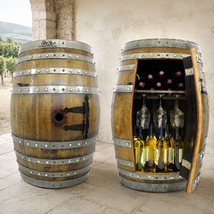 Whiskey & Wine Barrel Display Cabinet — Stemware Shelf, Door Storage