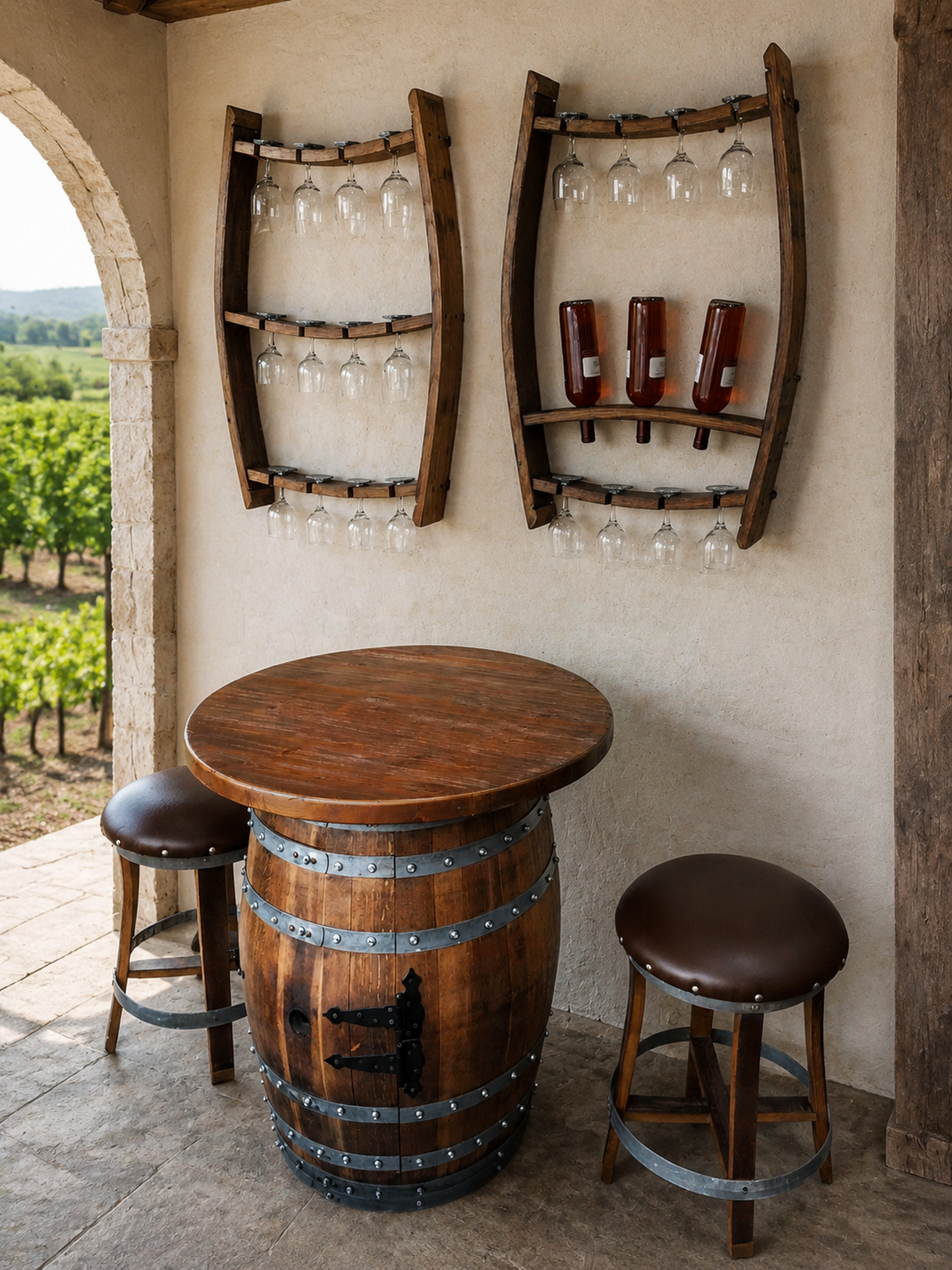 Whiskey & Wine Barrel Home Bar Set #2 — Bar Cabinet, Pub Table & Stools