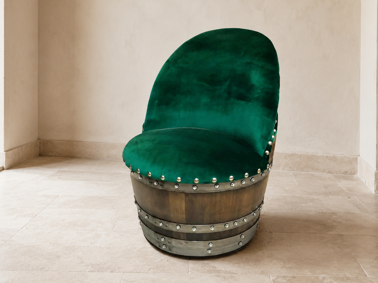 Whiskey & Wine Barrel Reading Chair — Hidden Storage, Green Velvet Upholstery