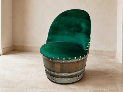Whiskey & Wine Barrel Reading Chair — Hidden Storage, Green Velvet Upholstery