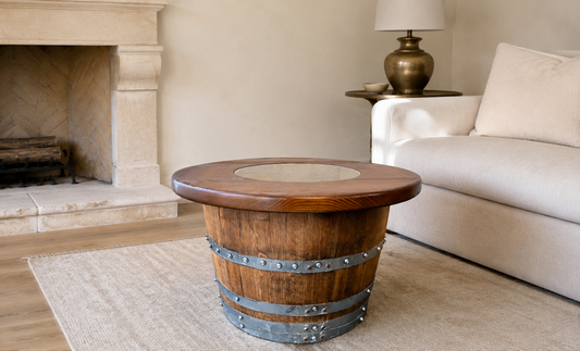 Whiskey & Wine Barrel Coffee Table — Half-Barrel Glass Top, Hidden Storage
