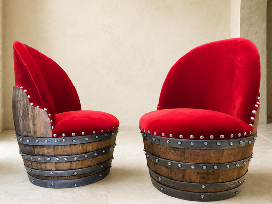 Whiskey & Wine Barrel Reading Chair — Hidden Storage, Red Velvet Upholstery