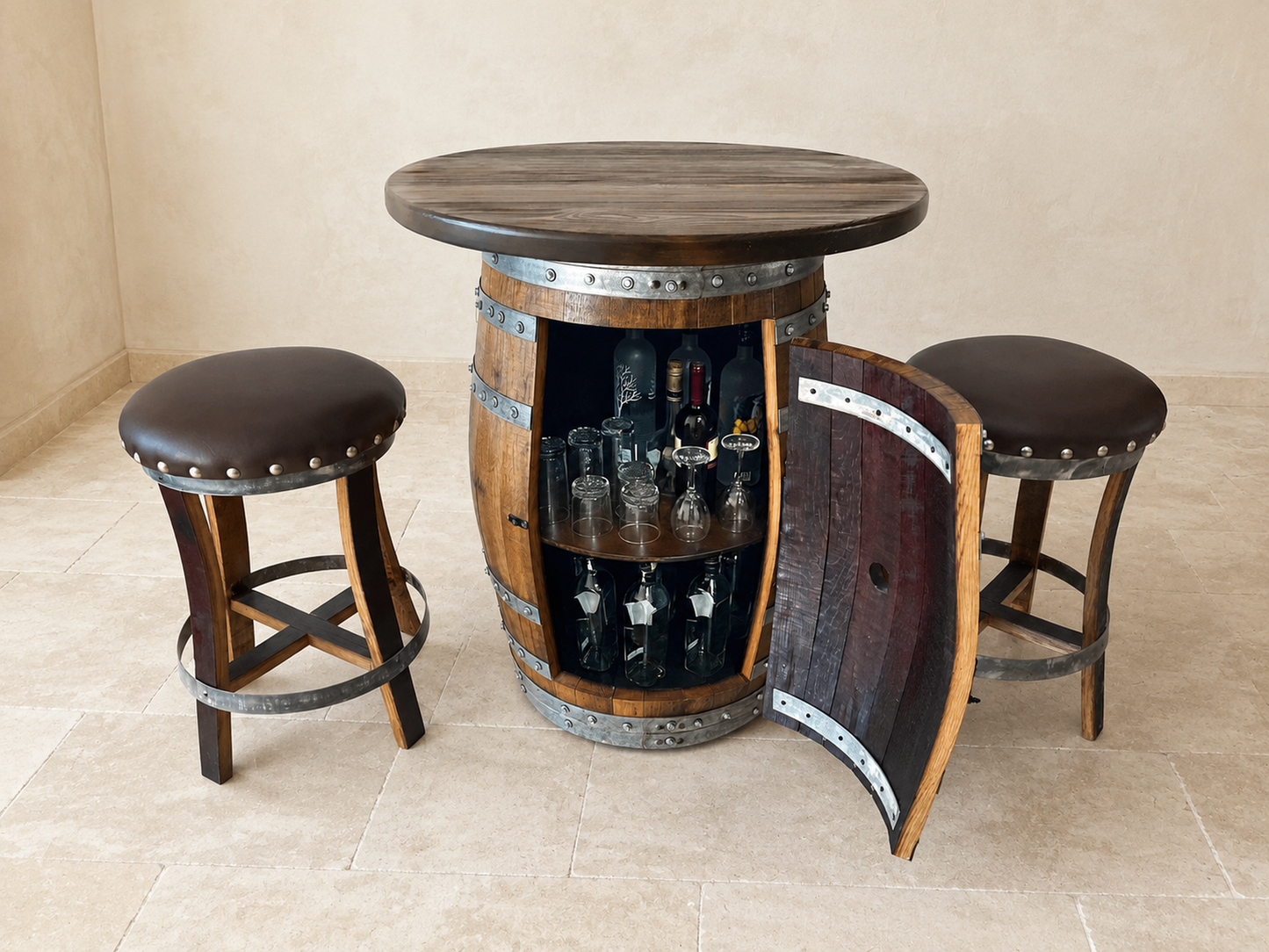 Whiskey & Wine Barrel Round Wood Top — Wire-Brushed Oak, Fits 53–59 Gal