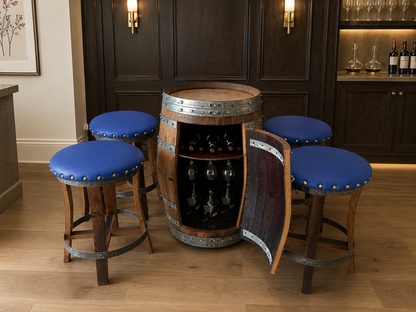 Whiskey & Wine Barrel Bar Set — Cabinet Storage, Bar Stools, No Top