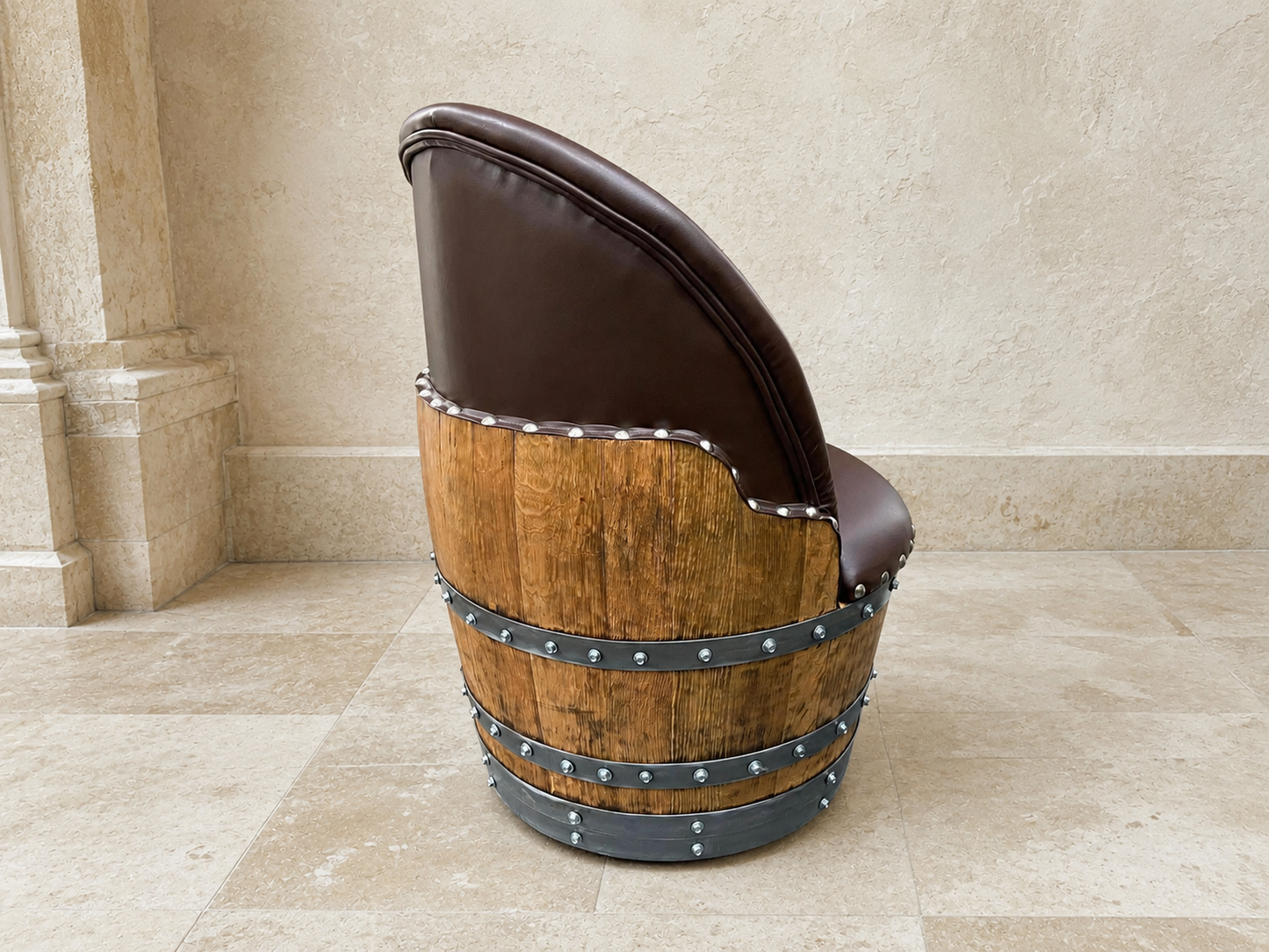 Whiskey & Wine Barrel Lounge Chair — Hidden Storage, Memory Foam, Brown Upholstery