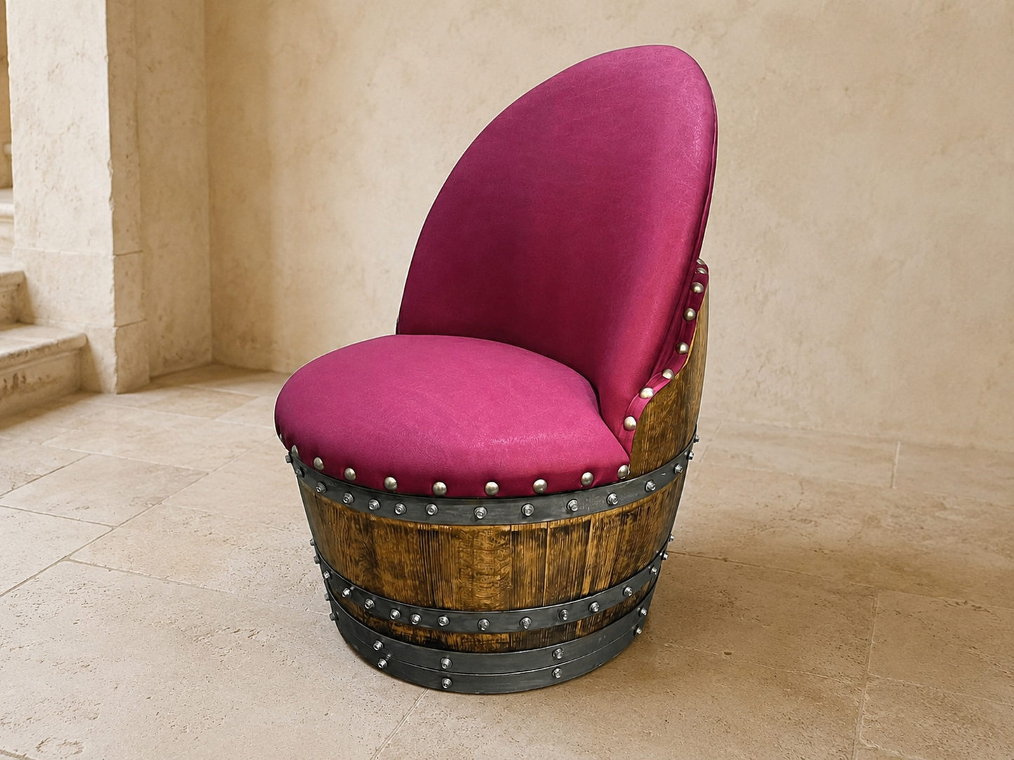 Whiskey & Wine Barrel Lounge Chair — Hidden Storage, Memory Foam, Burgundy Upholstery