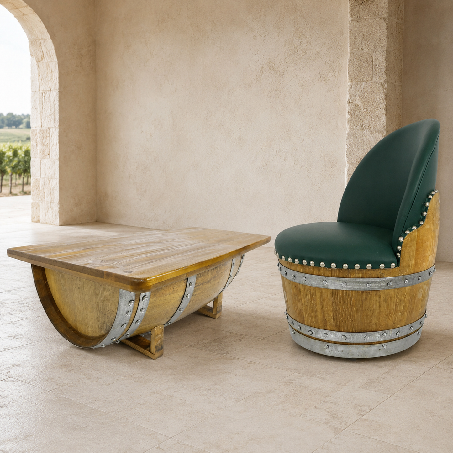Whiskey & Wine Barrel Lounge Chair — Hidden Storage, Memory Foam, Green Upholstery
