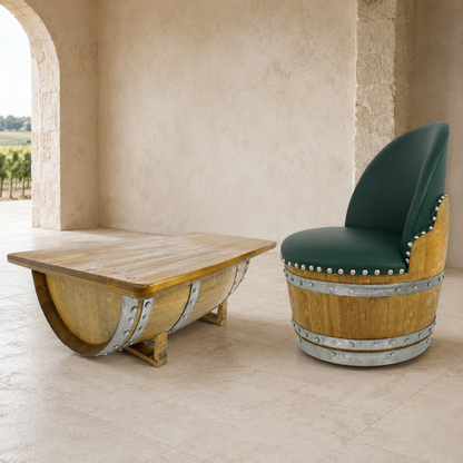 Whiskey & Wine Barrel Lounge Chair — Hidden Storage, Memory Foam, Green Upholstery