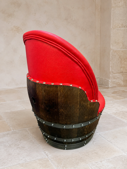 Whiskey & Wine Barrel Lounge Chair — Hidden Storage, Memory Foam, Red Upholstery (Limited)