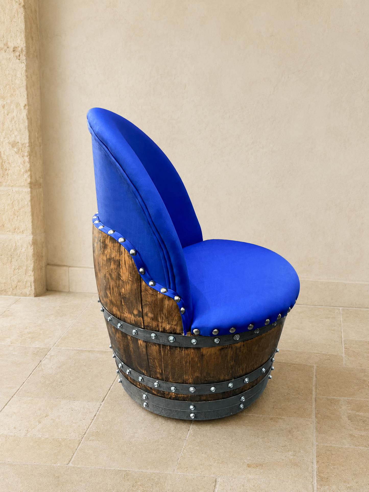 Whiskey & Wine Barrel Lounge Chair — Hidden Storage, Memory Foam, Sea Blue Upholstery (Limited)