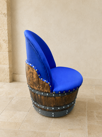 Whiskey & Wine Barrel Lounge Chair — Hidden Storage, Memory Foam, Sea Blue Upholstery (Limited)