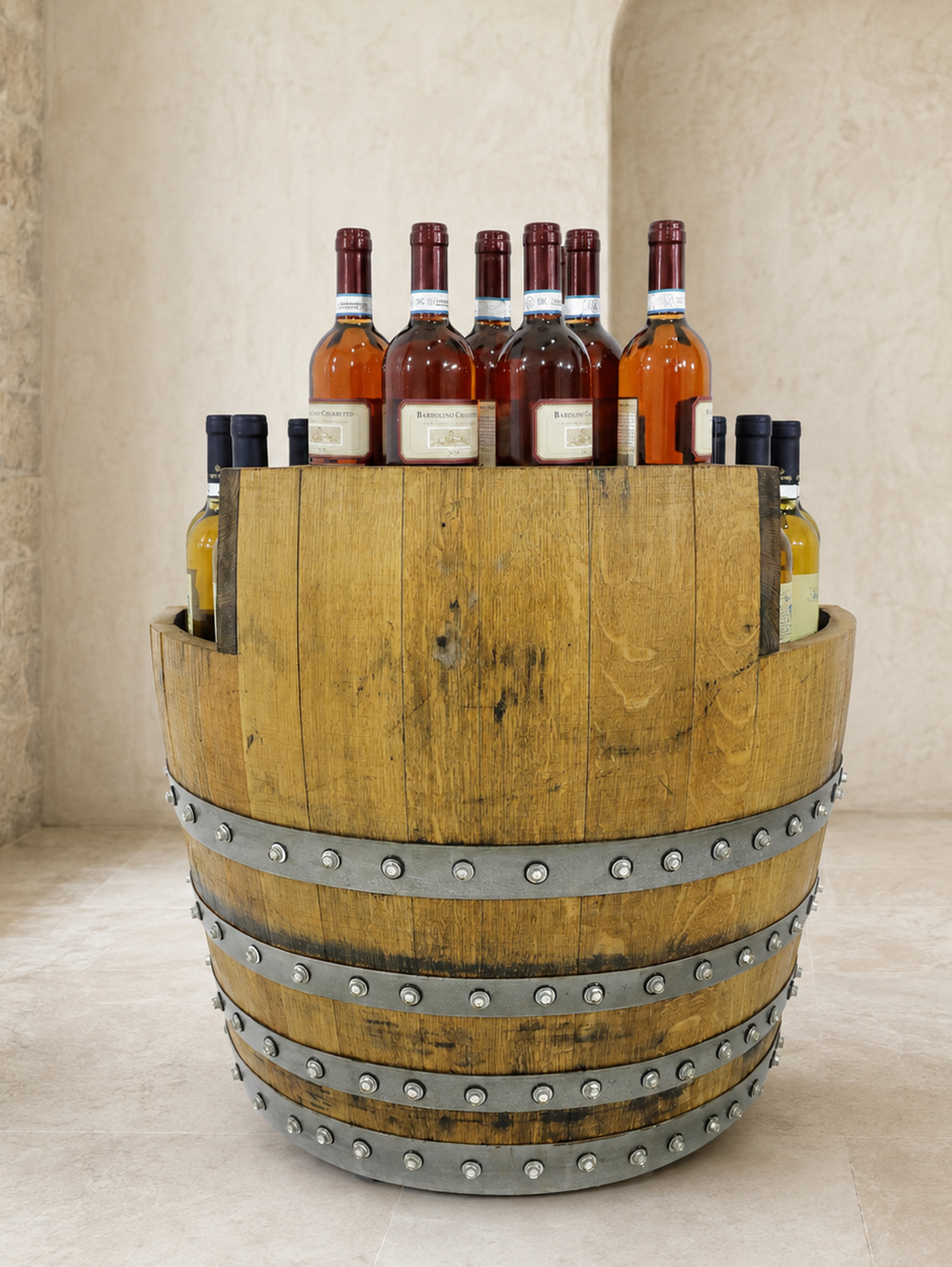 Whiskey & Wine Barrel Minibar Cabinet — Door Shelf, Reclaimed Oak