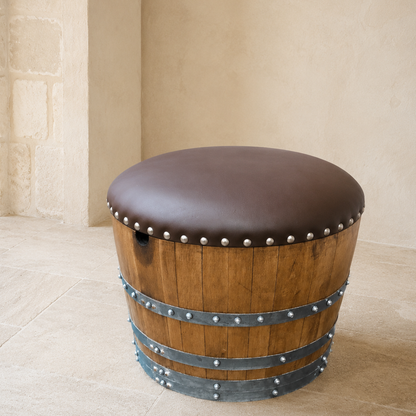 Whiskey & Wine Barrel Ottoman — Hidden Storage, Reclaimed Oak