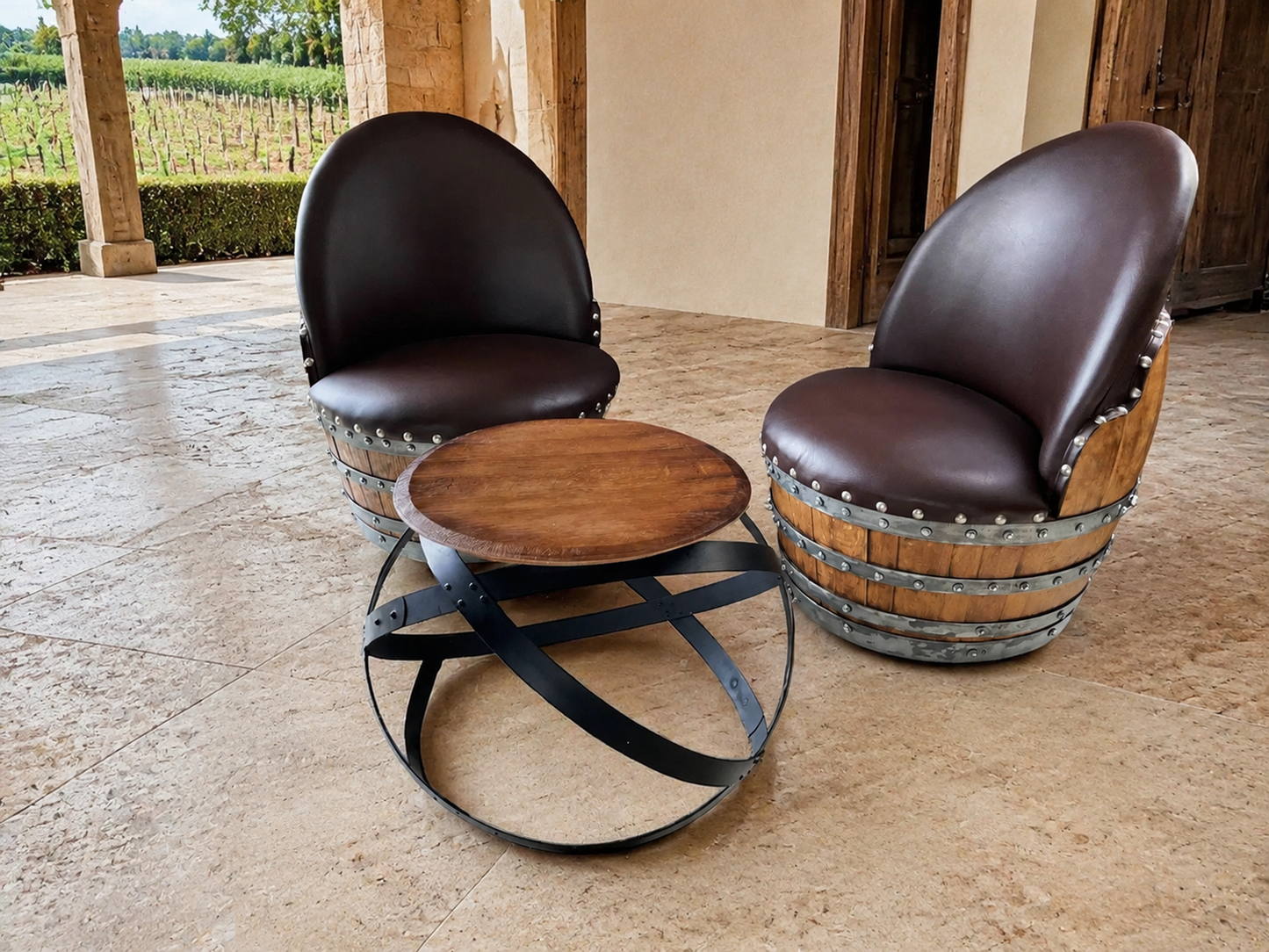 Whiskey & Wine Barrel Hoop Table Set — 2 Chairs, Black Edition