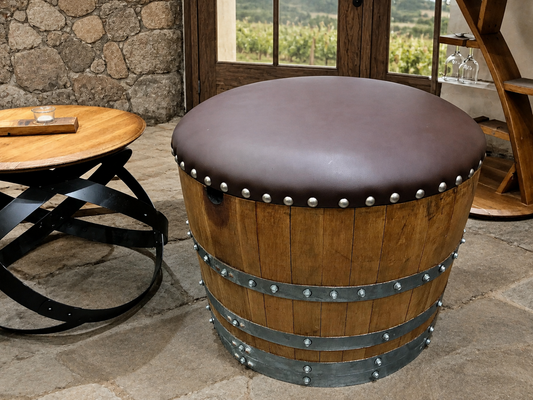 Whiskey & Wine Barrel Ottoman — Hidden Storage, Reclaimed Oak